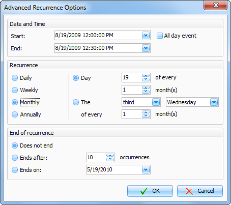 Advanced recurrence options